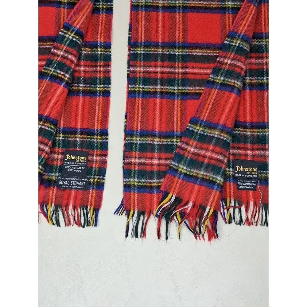 Set of 2 Johnstons of Elgin Wool/Cashmere Scarves Made In Scotland Tartan Plaid